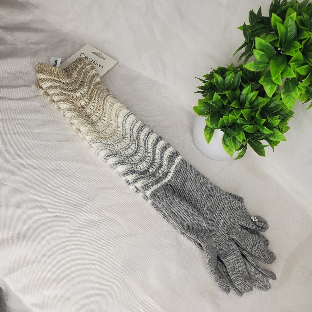 ◇ Calvin Klein Flip Fingertips Knit Long Length Gloves One Size Tan Gray Cream